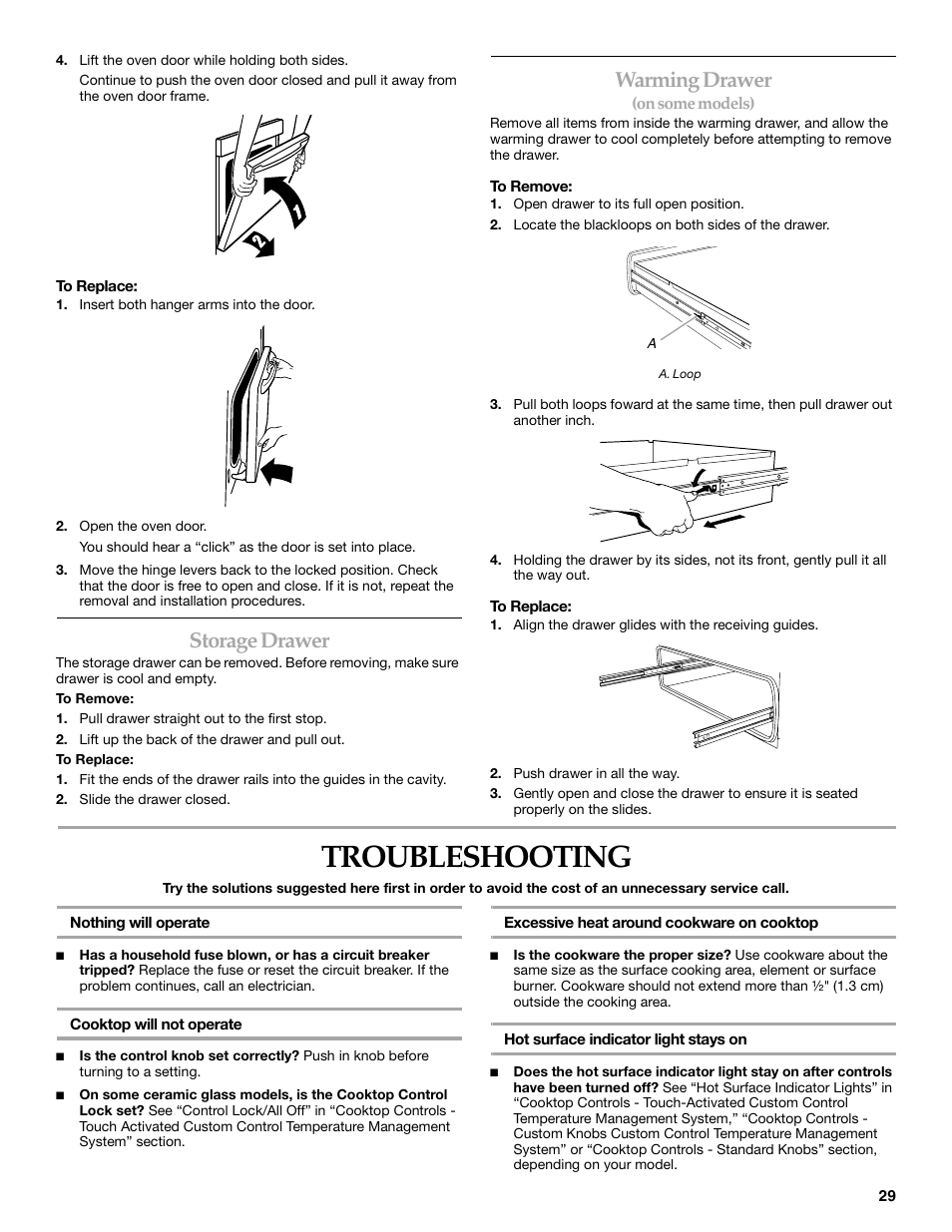Troubleshooting, Storage drawer, Warming drawer | KITCHENAID ARCHITECT KESS907 User Manual | Page 29 / 32
