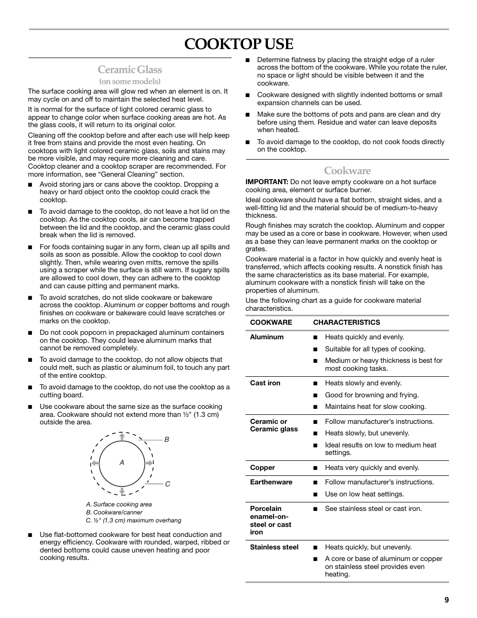 Cooktop use, Ceramic glass, Cookware | On some models) | KITCHENAID ARCHITECT KESS907 User Manual | Page 9 / 32
