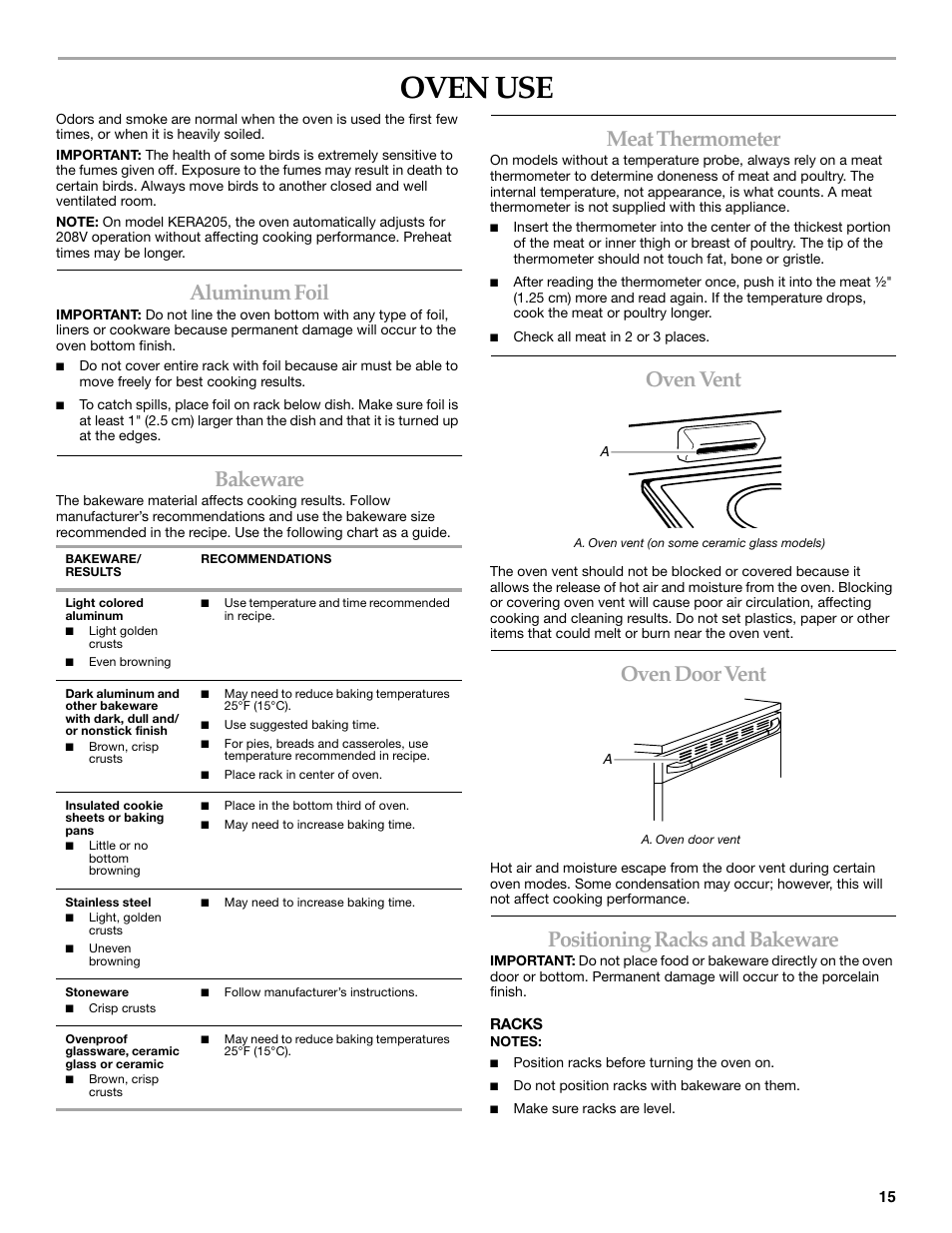 Oven use, Aluminum foil, Bakeware | Meat thermometer, Oven vent, Oven door vent, Positioning racks and bakeware | KITCHENAID KERI201 User Manual | Page 15 / 28