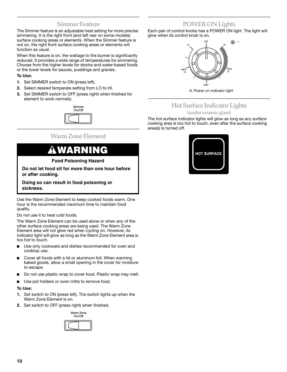 Warning, Simmer feature, Warm zone element | Power on lights, Hot surface indicator lights, Under ceramic glass) | KITCHENAID KERA205 User Manual | Page 10 / 28