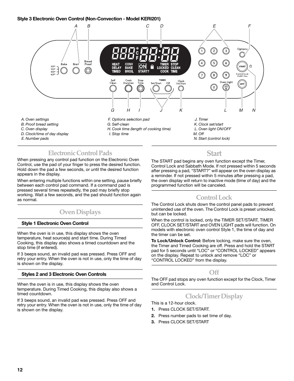 Start, Electronic control pads, Oven displays | Control lock, Clock/timer display | KITCHENAID KERA205 User Manual | Page 12 / 28