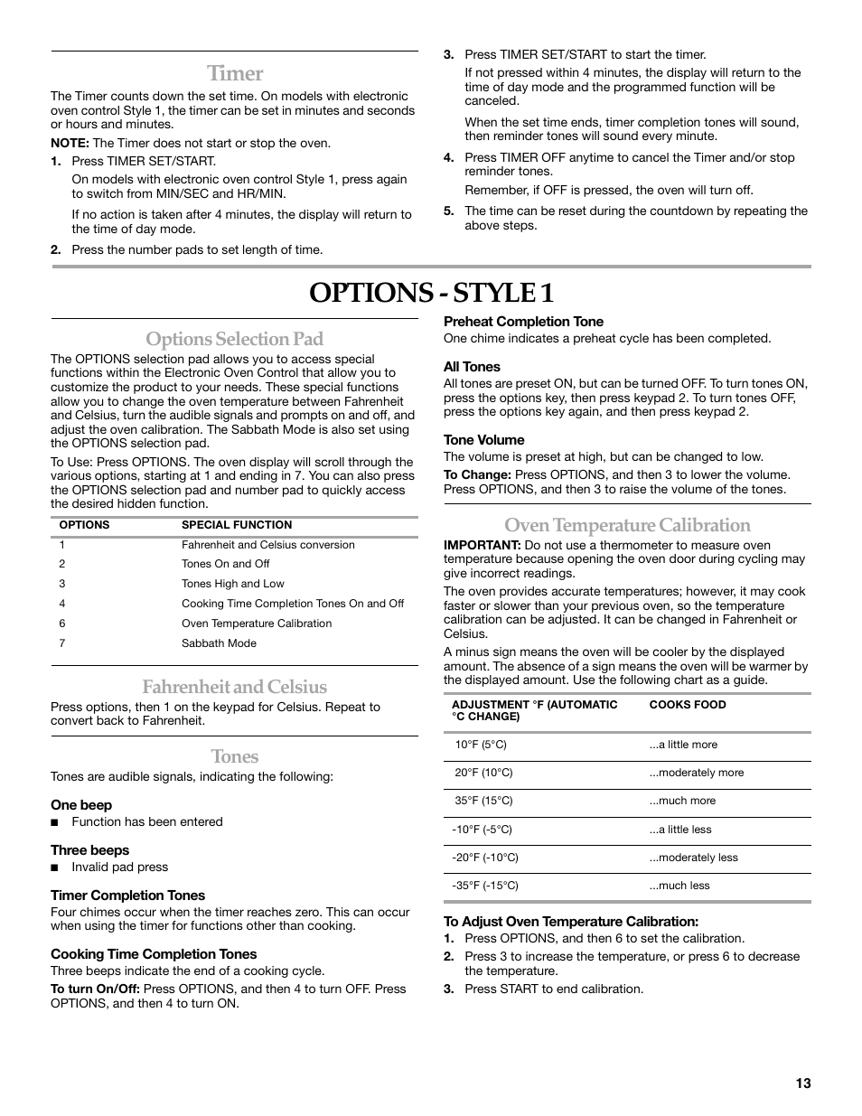 Options - style 1, Timer, Options selection pad | Fahrenheit and celsius, Tones, Oven temperature calibration | KITCHENAID KERA205 User Manual | Page 13 / 28