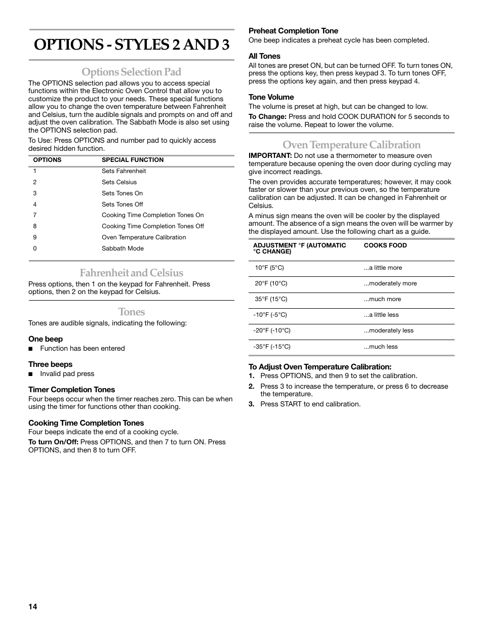 Options - styles 2 and 3, Options selection pad, Fahrenheit and celsius | Tones, Oven temperature calibration | KITCHENAID KERA205 User Manual | Page 14 / 28