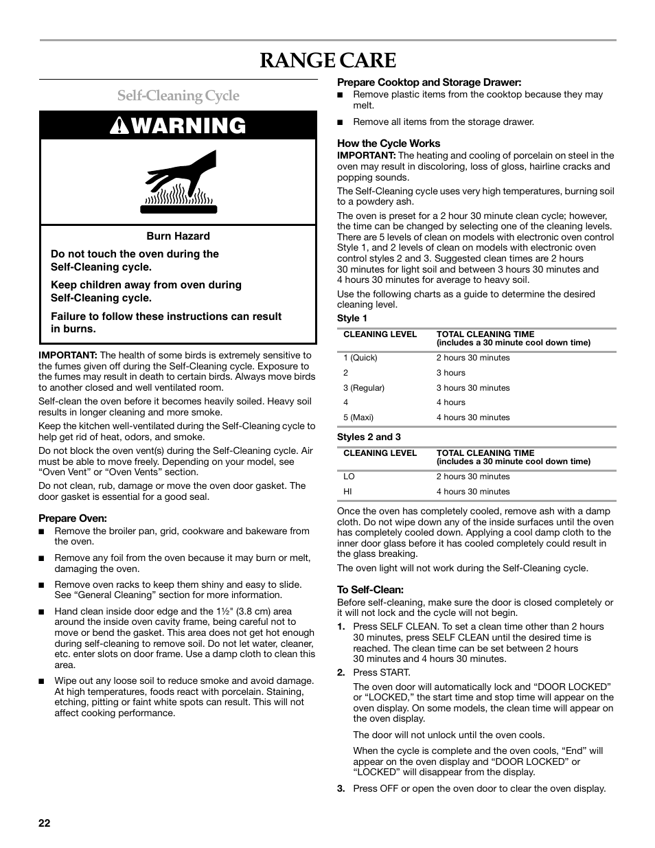 Range care, Warning, Self-cleaning cycle | KITCHENAID KERA205 User Manual | Page 22 / 28