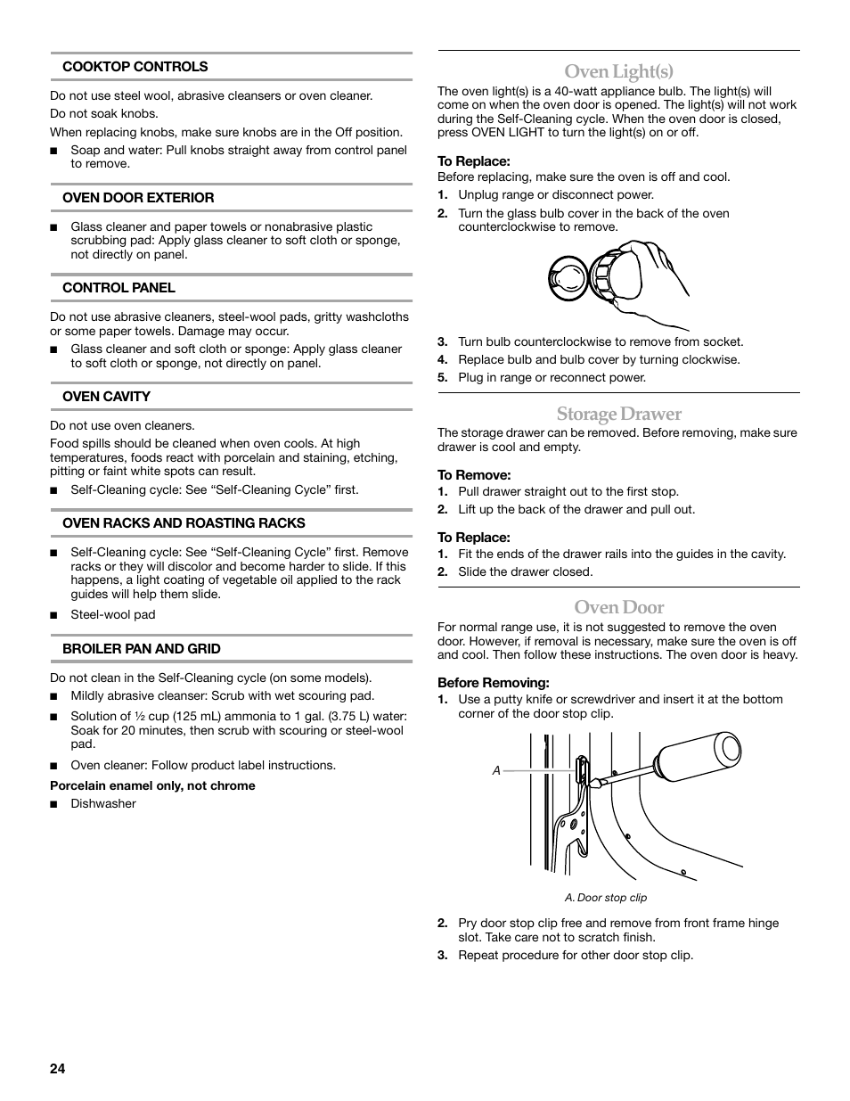 Oven light(s), Storage drawer, Oven door | KITCHENAID KERA205 User Manual | Page 24 / 28