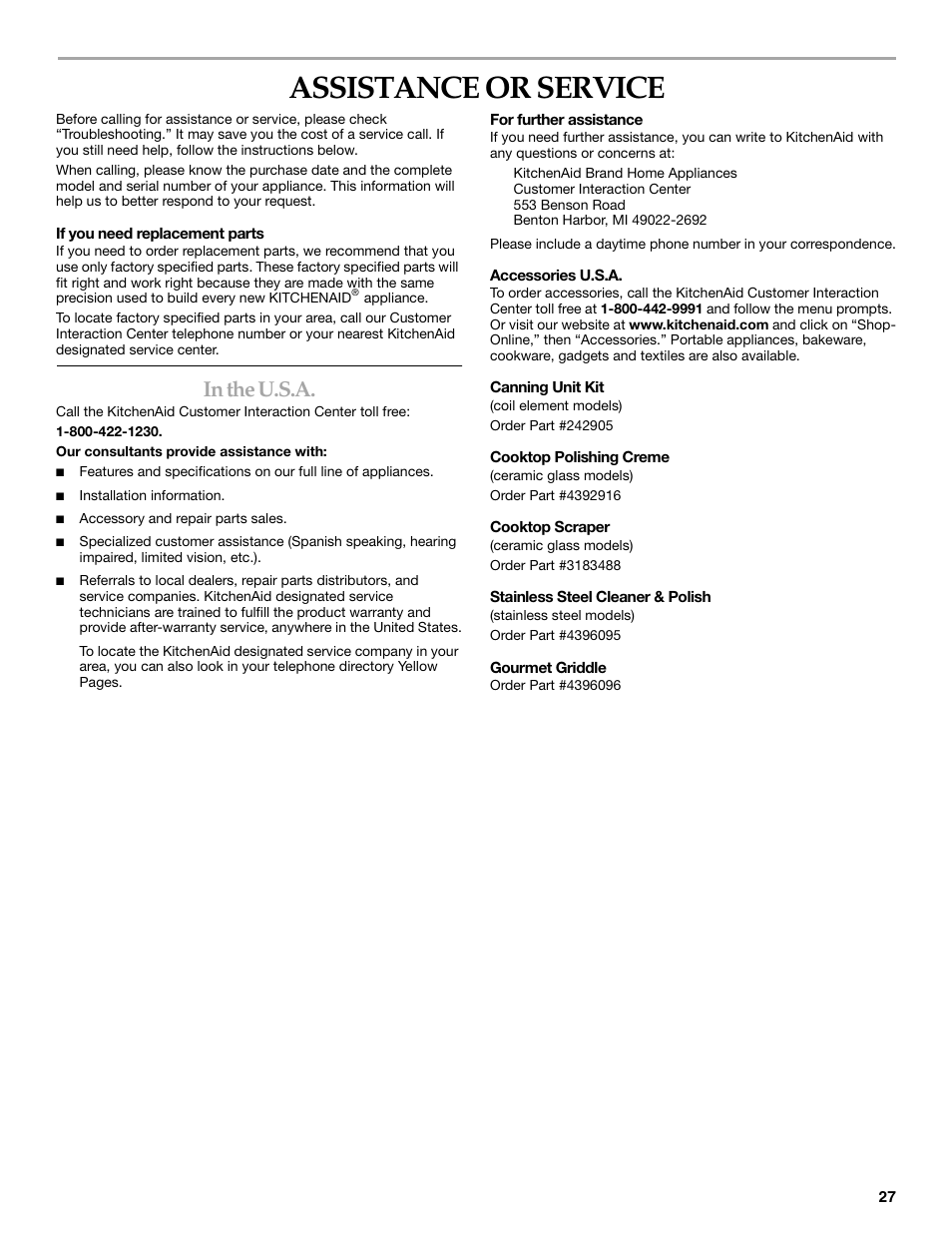 Assistance or service | KITCHENAID KERA205 User Manual | Page 27 / 28