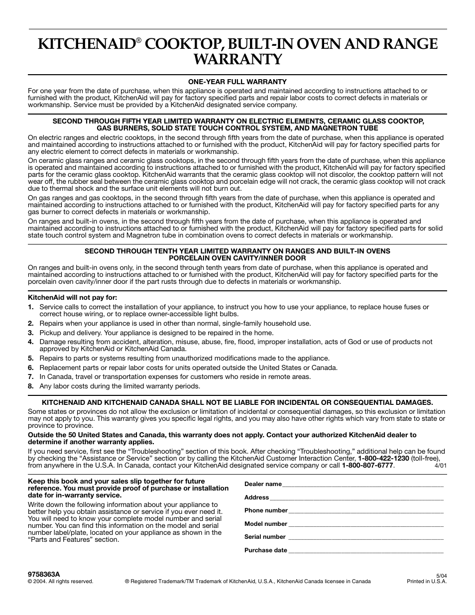 Kitchenaid, Cooktop, built-in oven and range warranty | KITCHENAID KERA205 User Manual | Page 28 / 28