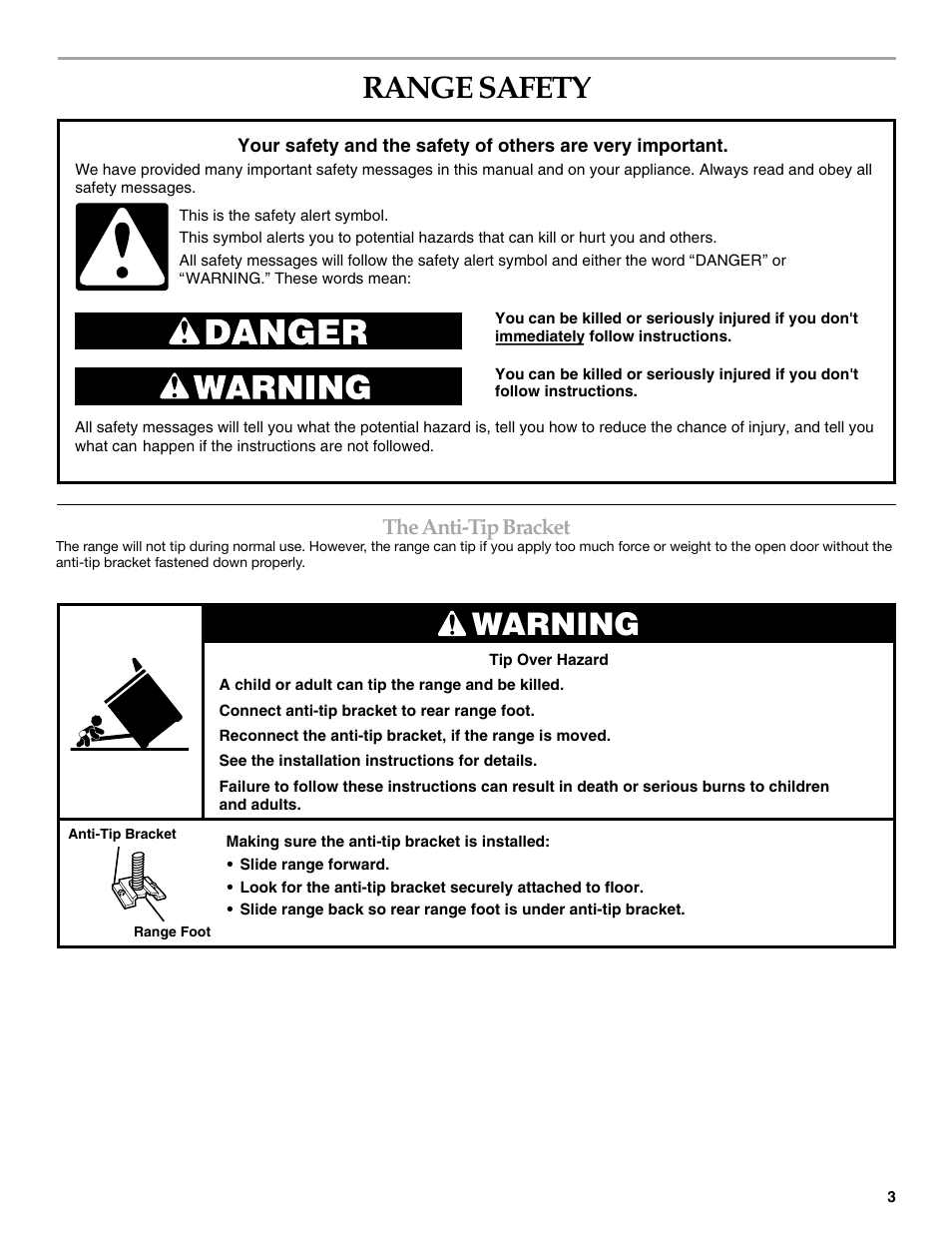 Range safety, Warning, The anti-tip bracket | KITCHENAID KERA205 User Manual | Page 3 / 28