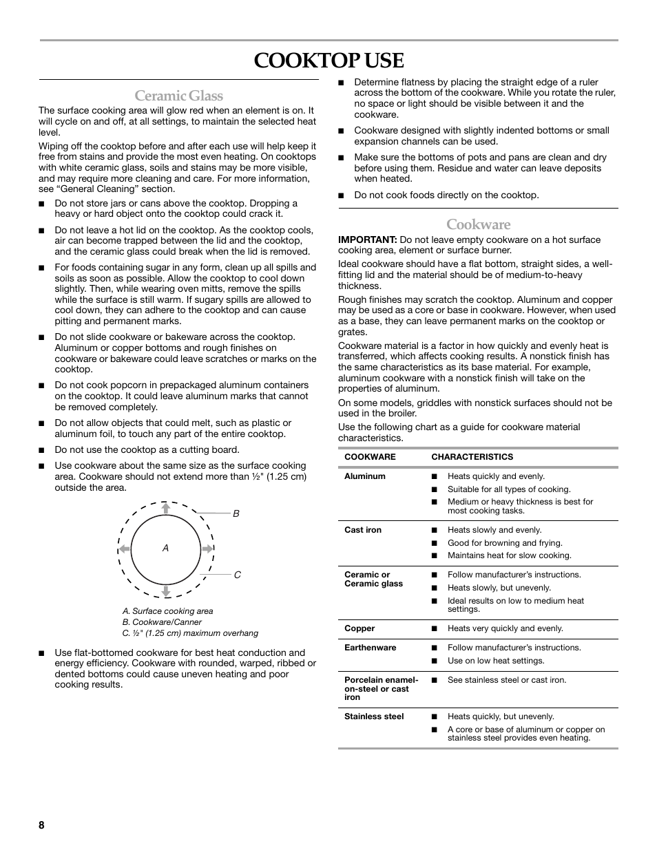 Cooktop use, Ceramic glass, Cookware | KITCHENAID KERA205 User Manual | Page 8 / 28