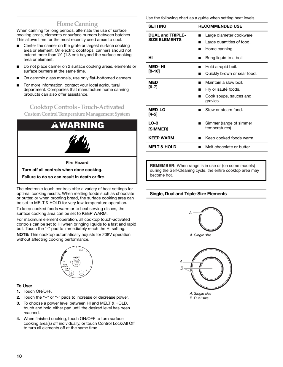 Warning, Home canning, Cooktop controls - touch-activated | Custom control temperature management system | KITCHENAID ARCHITECT KESS908 User Manual | Page 10 / 32