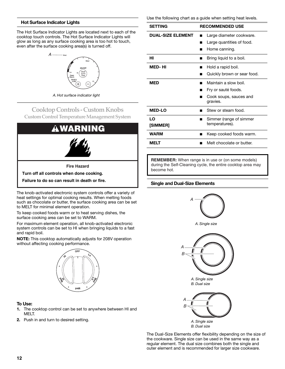 Warning, Cooktop controls - custom knobs, Custom control temperature management system | KITCHENAID ARCHITECT KESS908 User Manual | Page 12 / 32