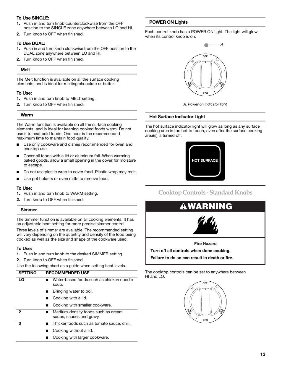 Warning, Cooktop controls - standard knobs | KITCHENAID ARCHITECT KESS908 User Manual | Page 13 / 32
