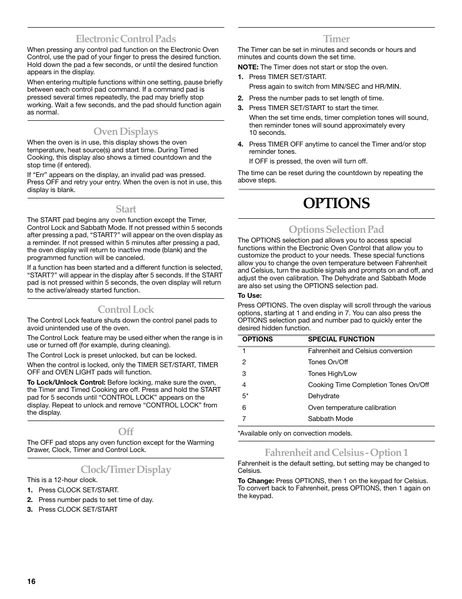 Options, Electronic control pads, Oven displays | Start, Control lock, Clock/timer display, Timer, Options selection pad, Fahrenheit and celsius - option 1 | KITCHENAID ARCHITECT KESS908 User Manual | Page 16 / 32