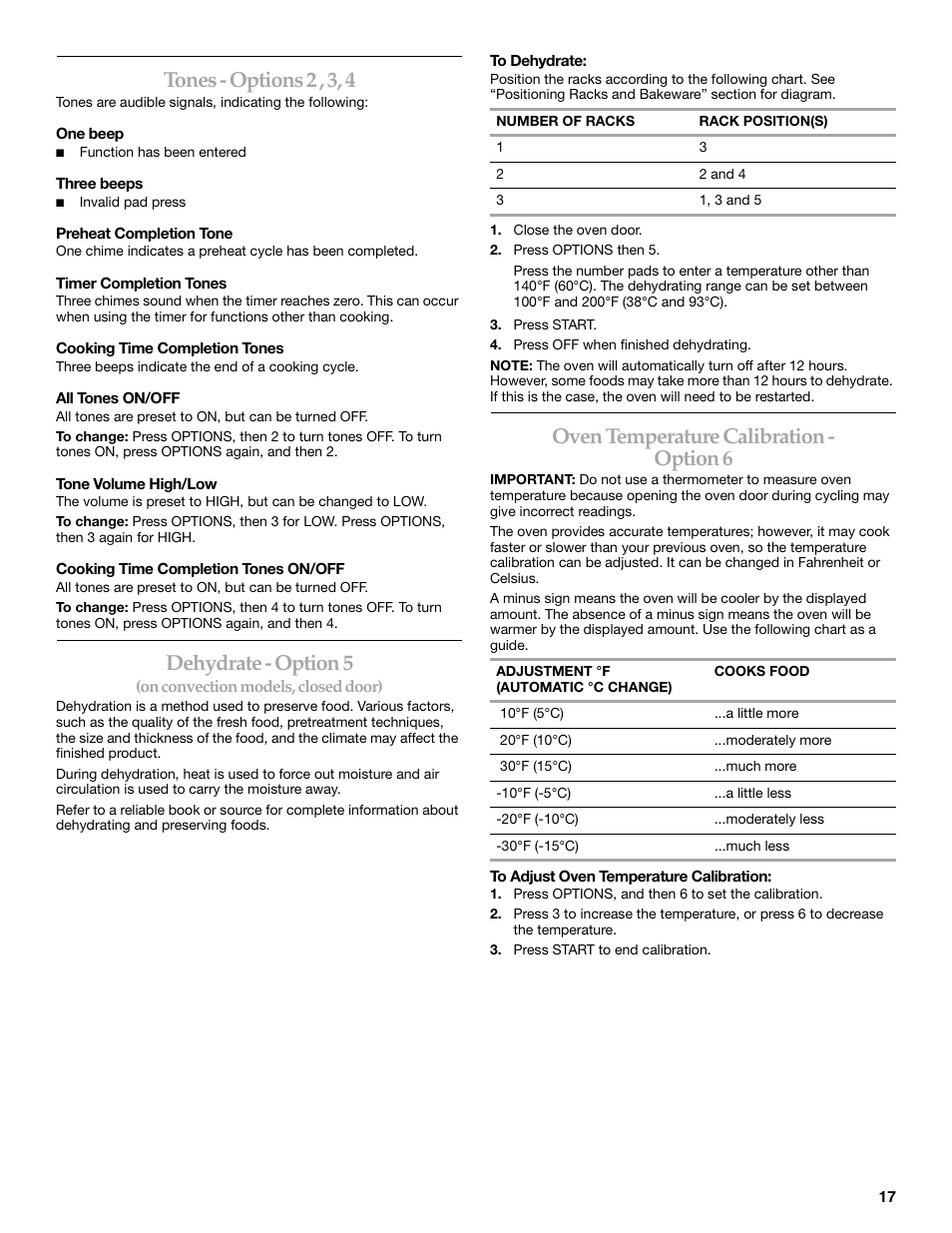 Tones - options 2 , 3, 4, Dehydrate - option 5, Oven temperature calibration - option 6 | KITCHENAID ARCHITECT KESS908 User Manual | Page 17 / 32