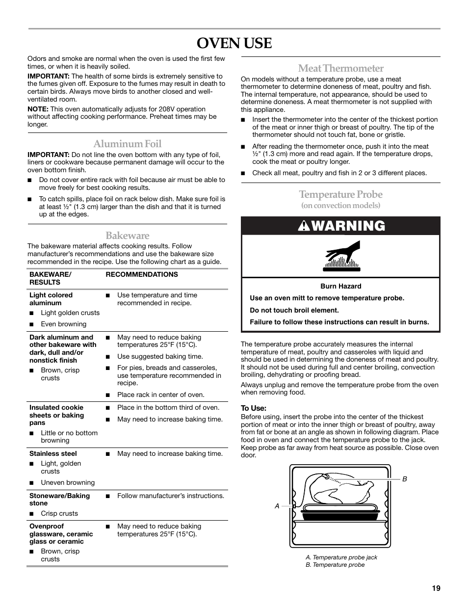 Oven use, Warning, Aluminum foil | Bakeware, Meat thermometer, Temperature probe | KITCHENAID ARCHITECT KESS908 User Manual | Page 19 / 32