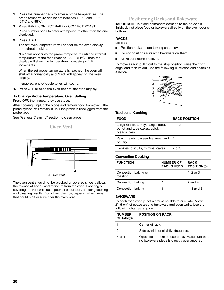 Oven vent, Positioning racks and bakeware | KITCHENAID ARCHITECT KESS908 User Manual | Page 20 / 32