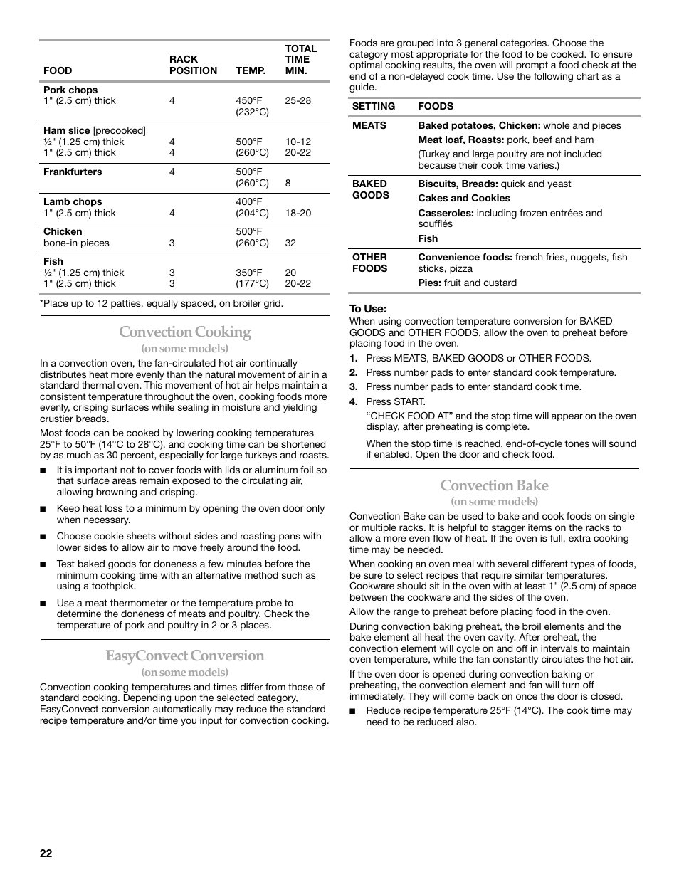 Convection cooking, Easyconvect conversion, Convection bake | KITCHENAID ARCHITECT KESS908 User Manual | Page 22 / 32