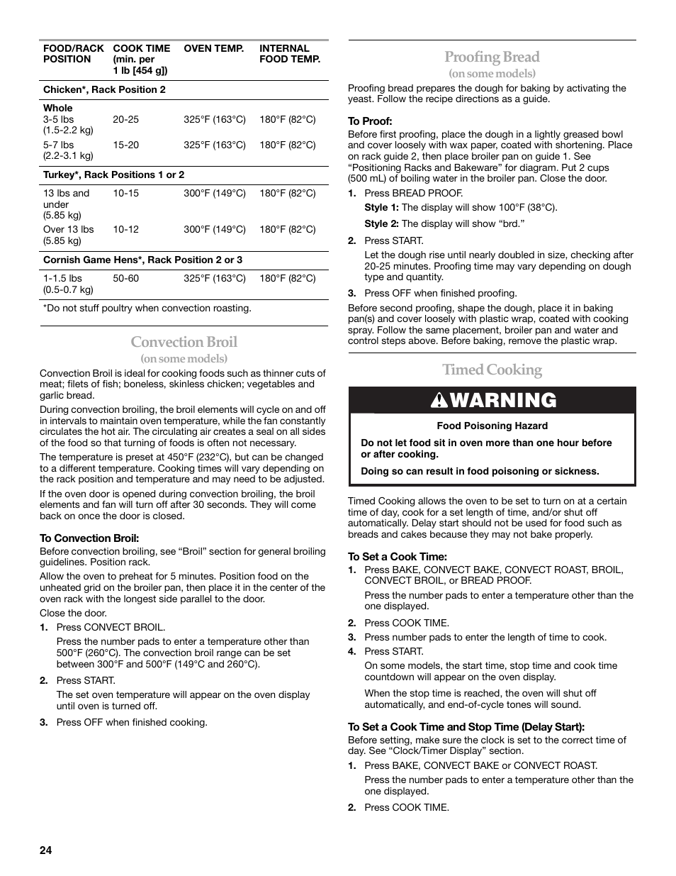 Warning, Convection broil, Proofing bread | Timed cooking | KITCHENAID ARCHITECT KESS908 User Manual | Page 24 / 32