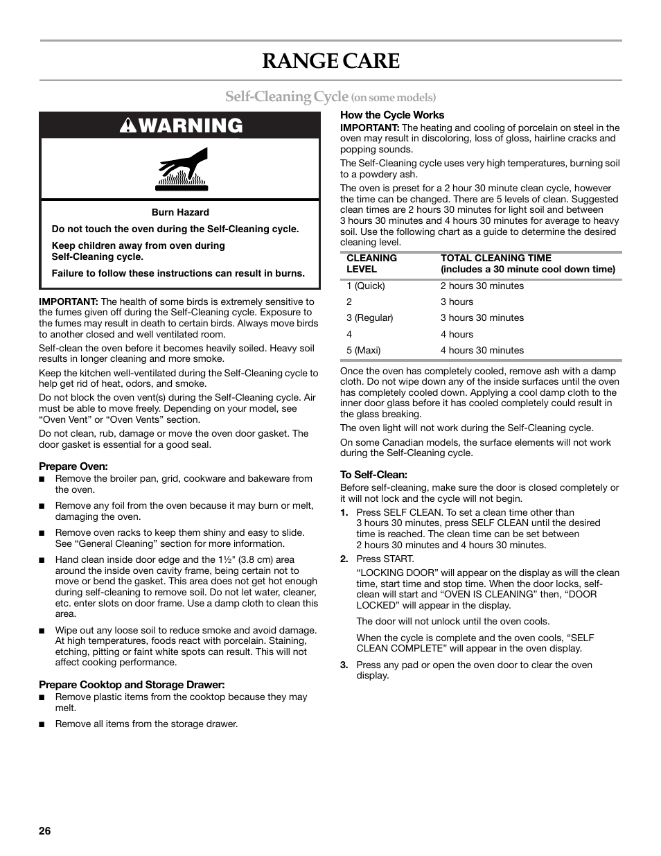 Range care, Warning, Self-cleaning cycle | KITCHENAID ARCHITECT KESS908 User Manual | Page 26 / 32