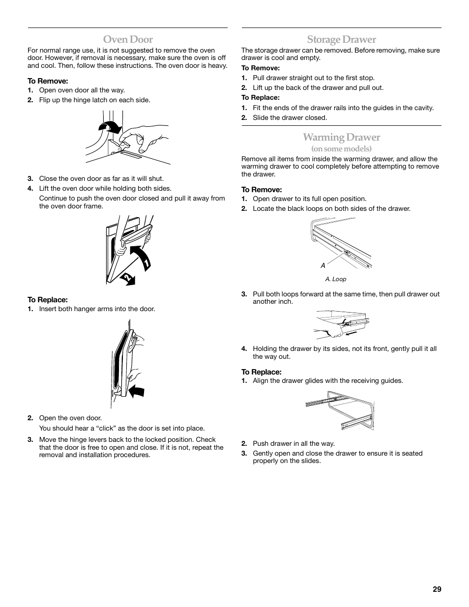 Oven door, Storage drawer, Warming drawer | KITCHENAID ARCHITECT KESS908 User Manual | Page 29 / 32