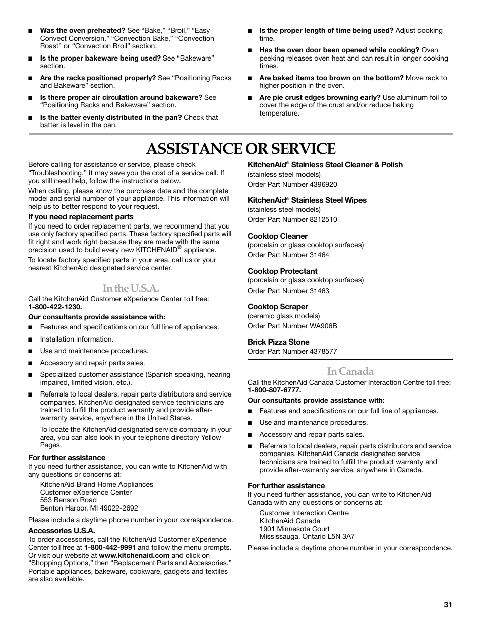 Assistance or service | KITCHENAID ARCHITECT KESS908 User Manual | Page 31 / 32