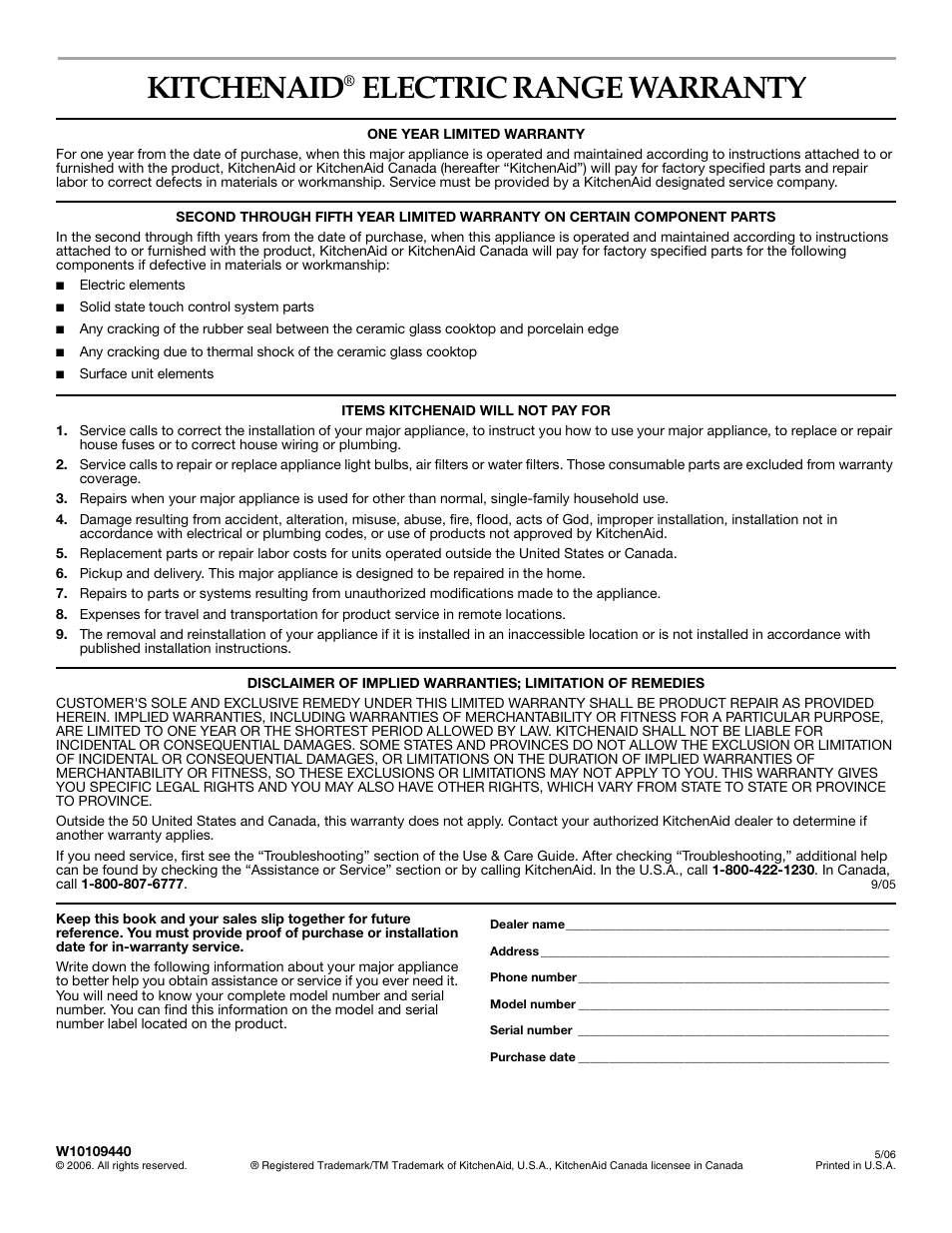 Kitchenaid, Electric range warranty | KITCHENAID ARCHITECT KESS908 User Manual | Page 32 / 32