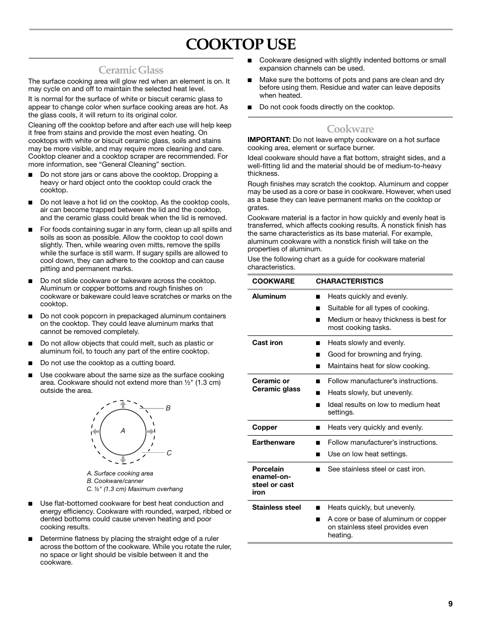 Cooktop use, Ceramic glass, Cookware | KITCHENAID ARCHITECT KESS908 User Manual | Page 9 / 32