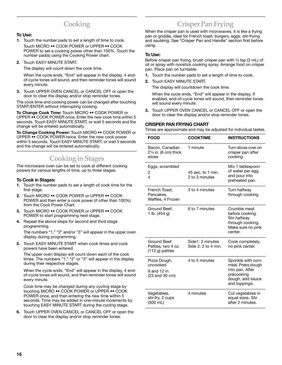 Cooking, Cookinginstages, Crisperpanfrying | Cooking in stages, Crisper pan frying | KITCHENAID KBHC179 User Manual | Page 16 / 28