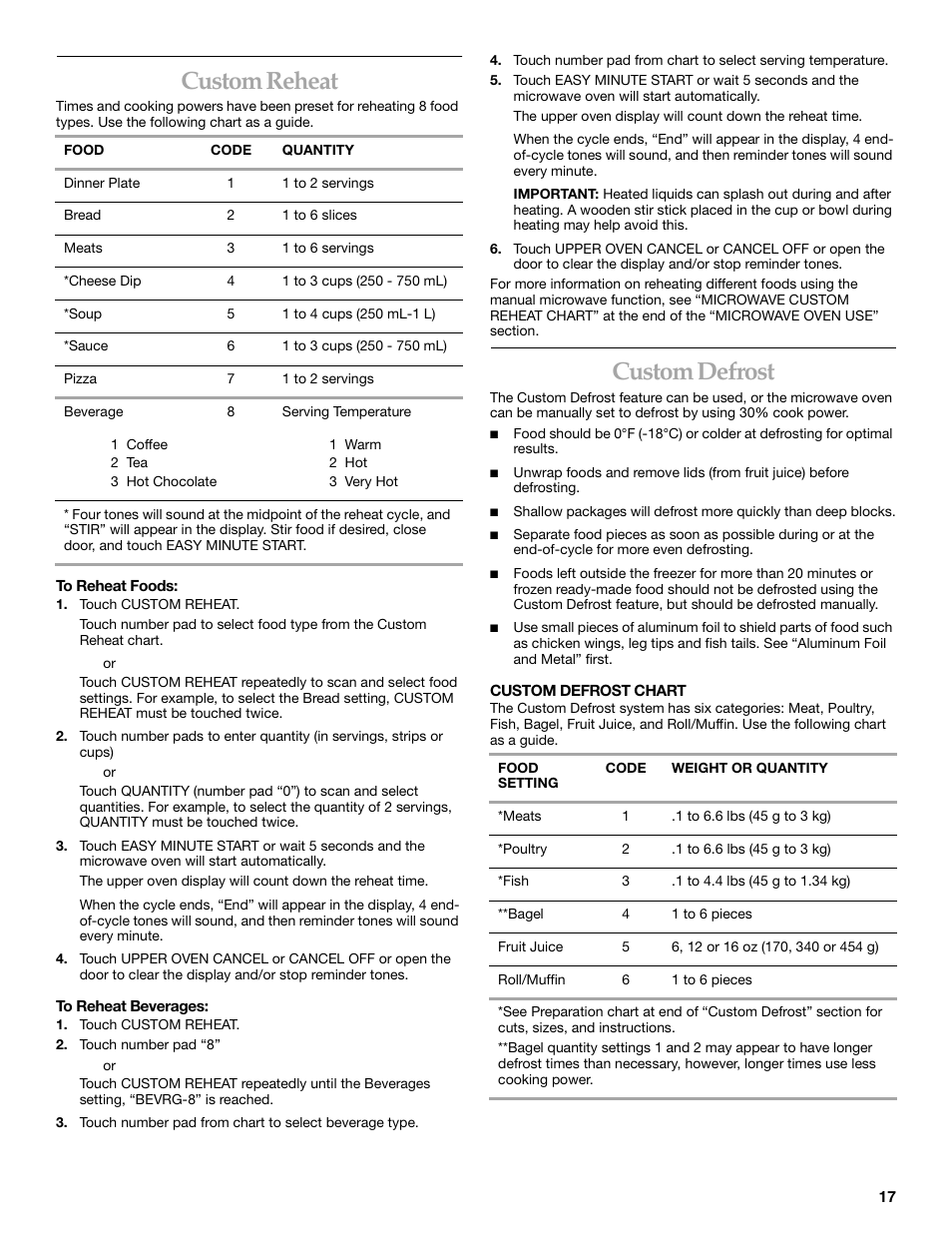 Custom reheat, Custom defrost | KITCHENAID KBHC179 User Manual | Page 17 / 28