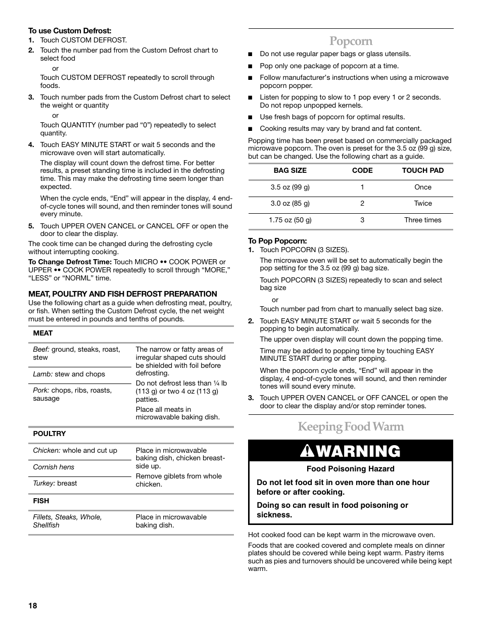 Popcorn, Keeping food warm, Warning | KITCHENAID KBHC179 User Manual | Page 18 / 28