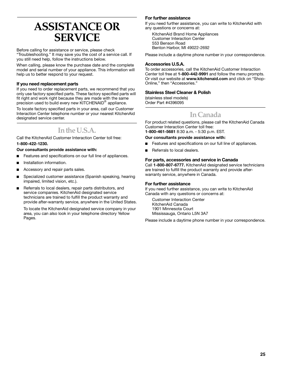 Assistance or service | KITCHENAID KBHC179 User Manual | Page 25 / 28