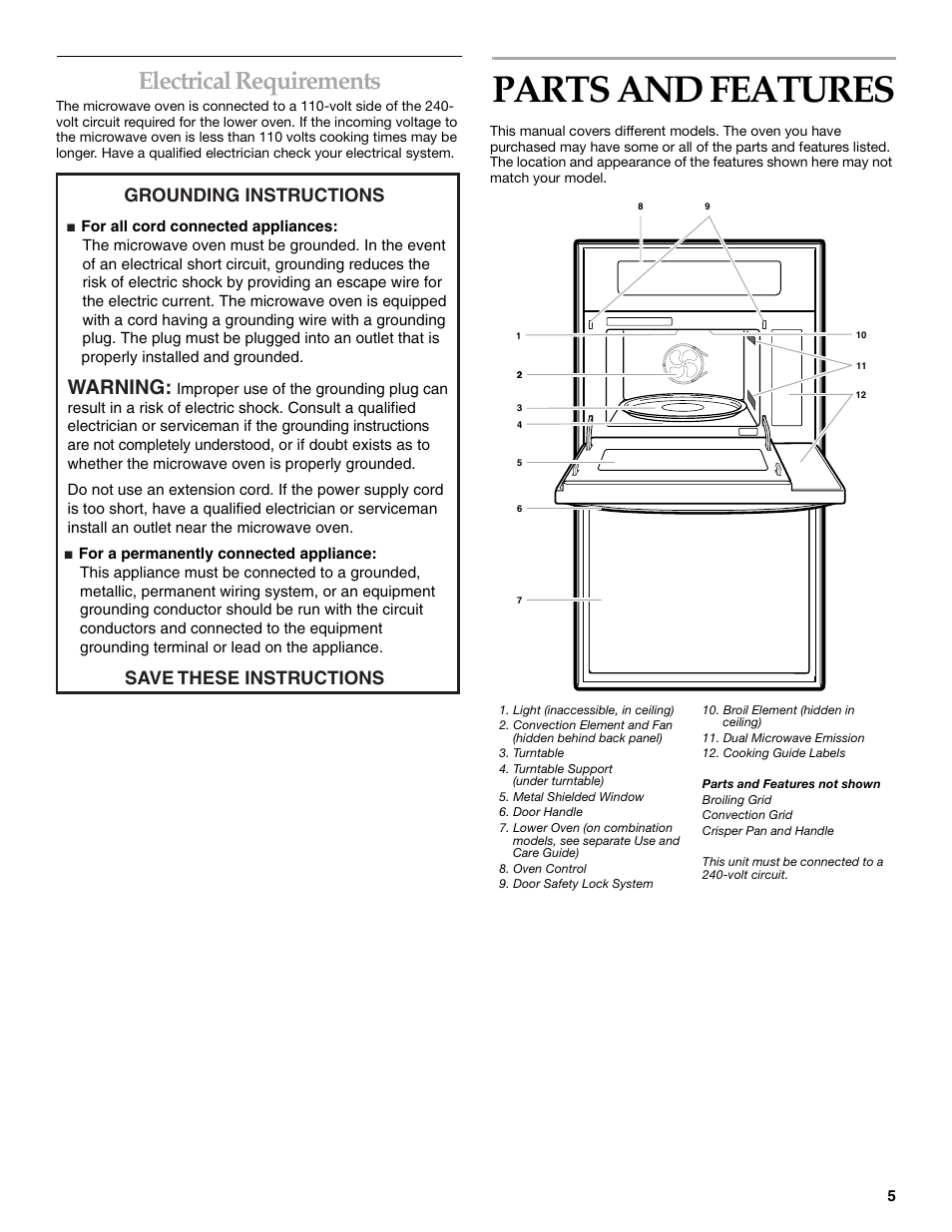 Parts and features, Electrical requirements, Warning | Grounding instructions, Save these instructions | KITCHENAID KBHC179 User Manual | Page 5 / 28