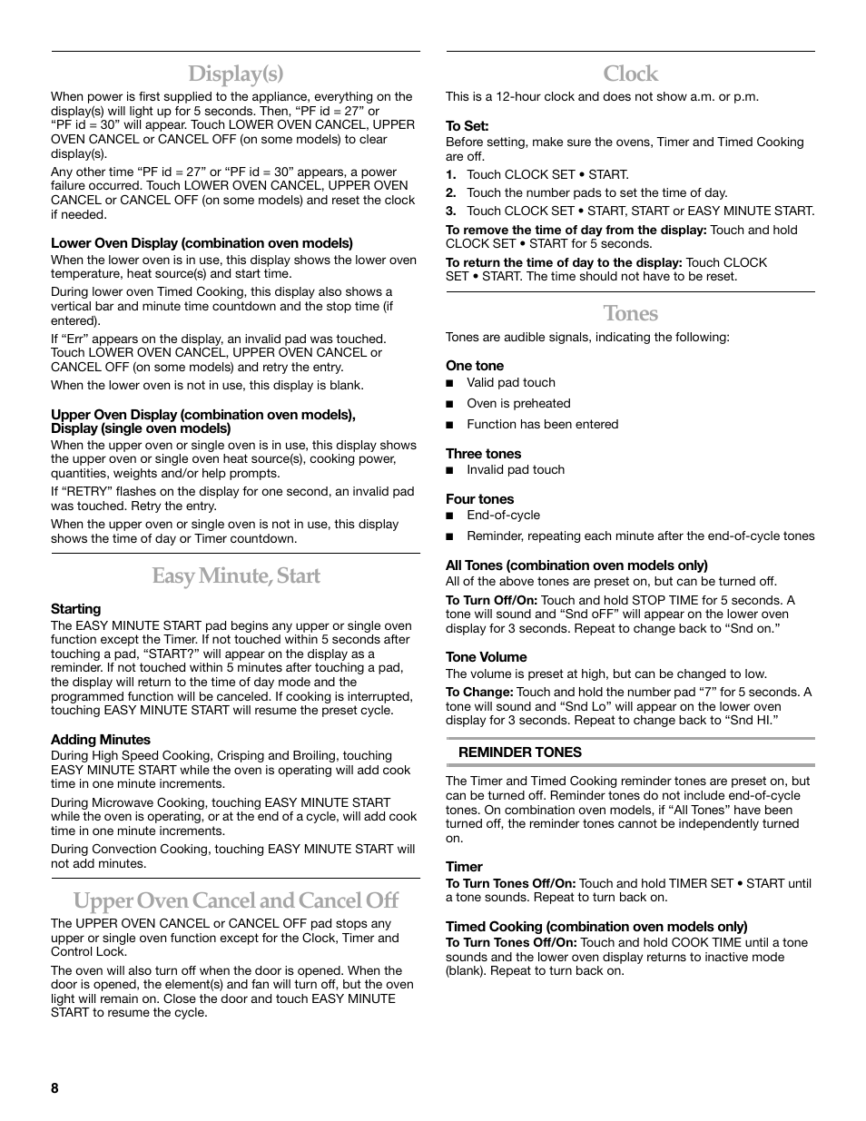 Display(s), Easy minute, start, Upper oven cancel and cancel off | Clock, Tone, Tones | KITCHENAID KBHC179 User Manual | Page 8 / 28