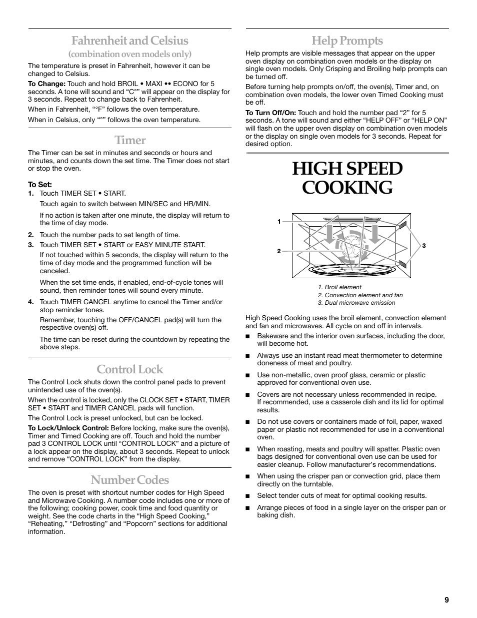 Fahrenheit and celsius, Timer, Control lock | Number codes, Help prompts, High speed cooking | KITCHENAID KBHC179 User Manual | Page 9 / 28