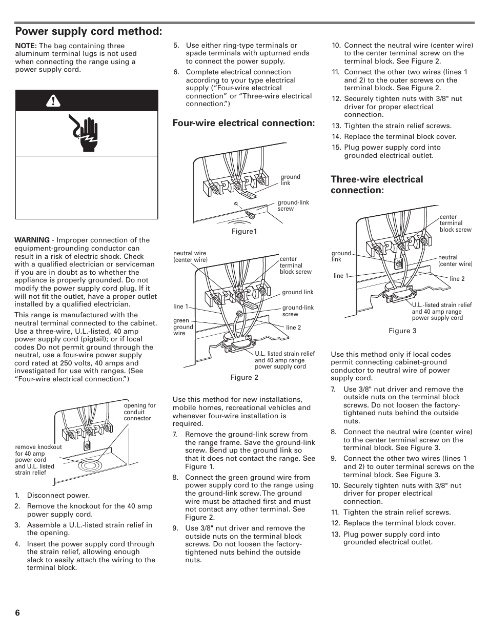 Warning, Power supply cord method, Four-wire electrical connection | Three-wire electrical connection | KITCHENAID Double Oven User Manual | Page 6 / 12