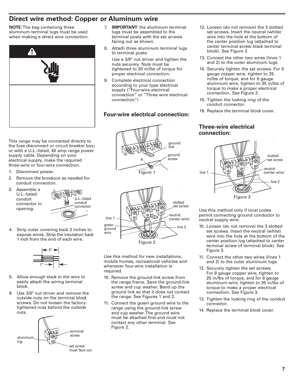 Warning, Direct wire method: copper or aluminum wire | KITCHENAID Double Oven User Manual | Page 7 / 12