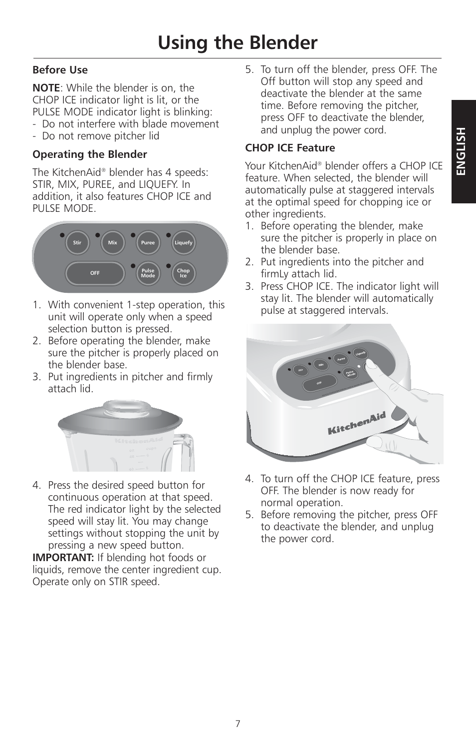 Using the blender, English | KITCHENAID KSB465 User Manual | Page 10 / 44