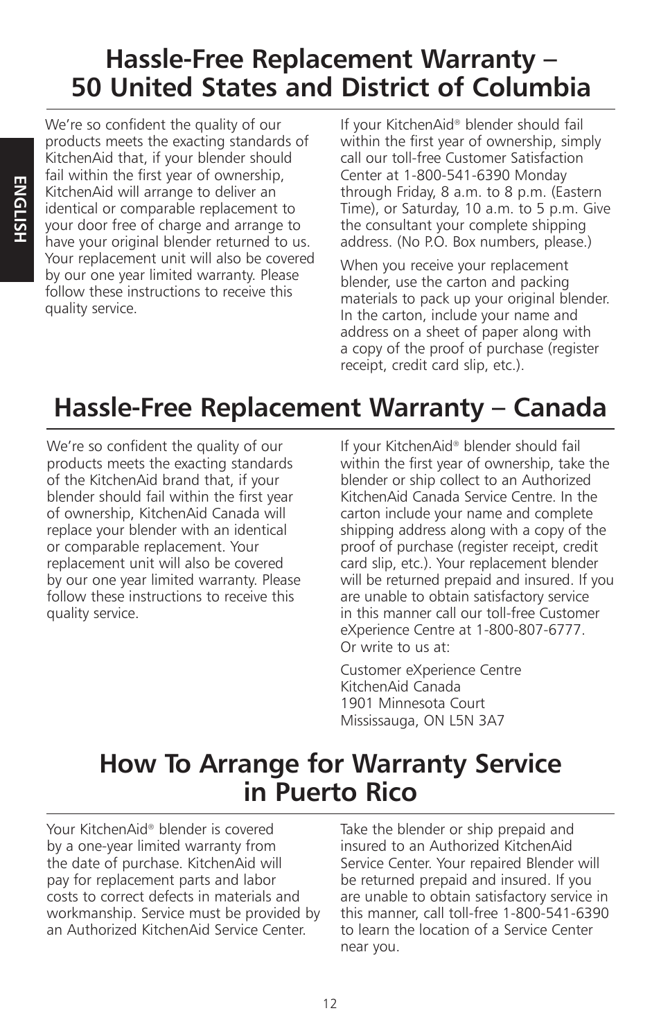 Hassle-free replacement warranty – canada, How to arrange for warranty service in puerto rico | KITCHENAID KSB465 User Manual | Page 15 / 44