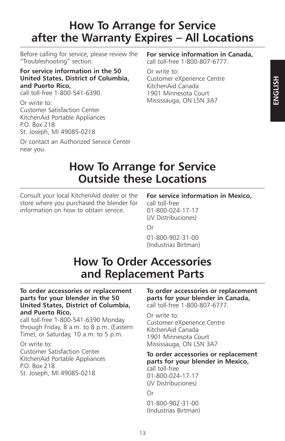 How to arrange for service outside these locations, How to order accessories and replacement parts | KITCHENAID KSB465 User Manual | Page 16 / 44