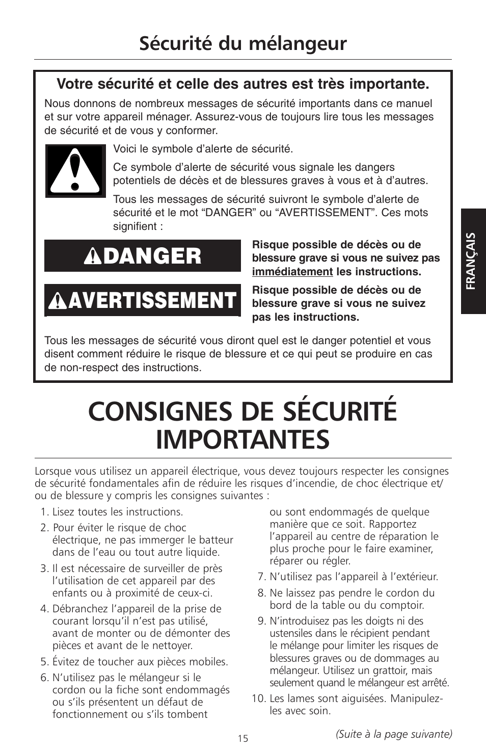 Consignes de sécurité importantes, Avertissement danger, Sécurité du mélangeur | KITCHENAID KSB465 User Manual | Page 18 / 44