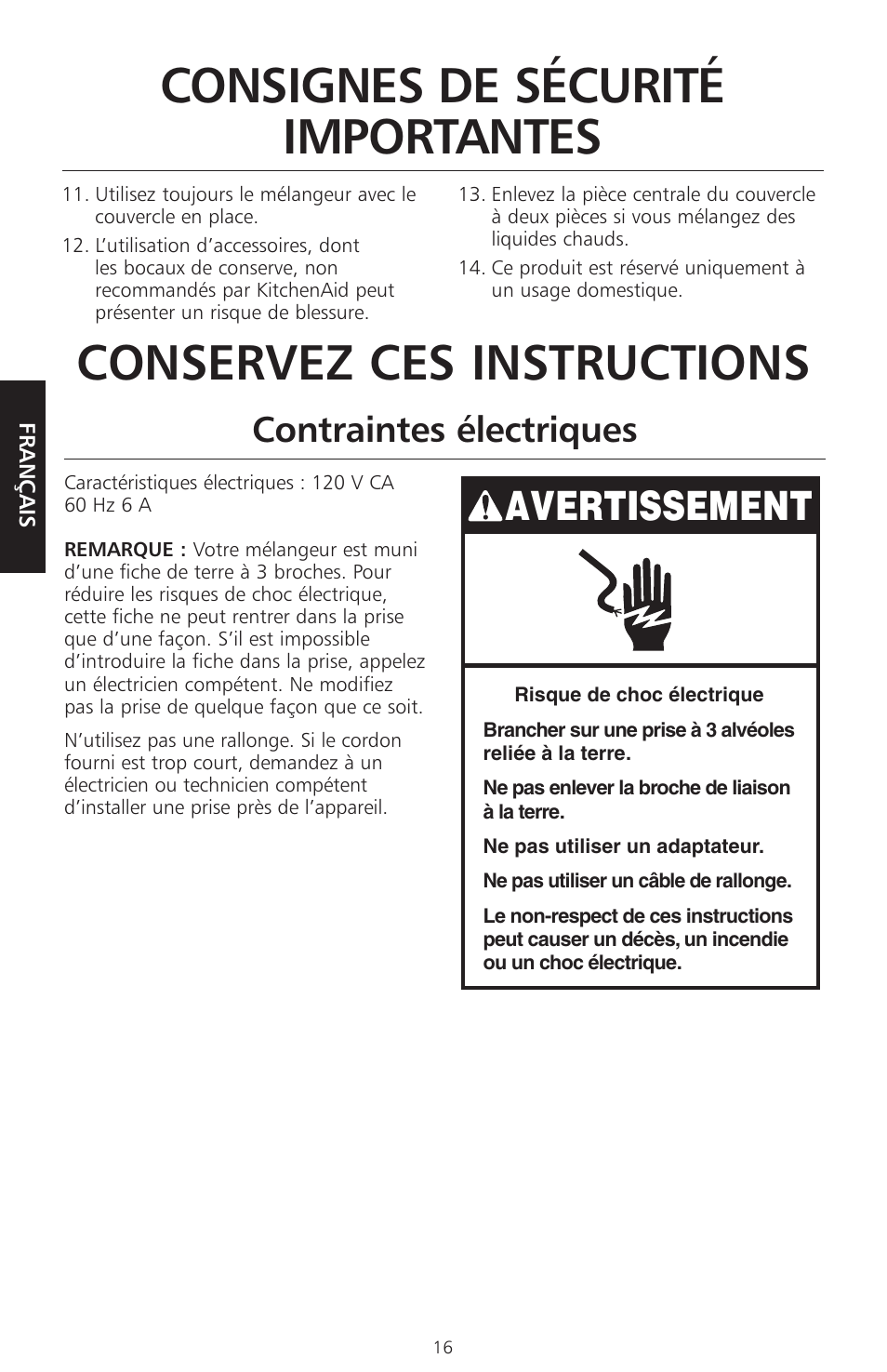 Avertissement, Contraintes électriques | KITCHENAID KSB465 User Manual | Page 19 / 44