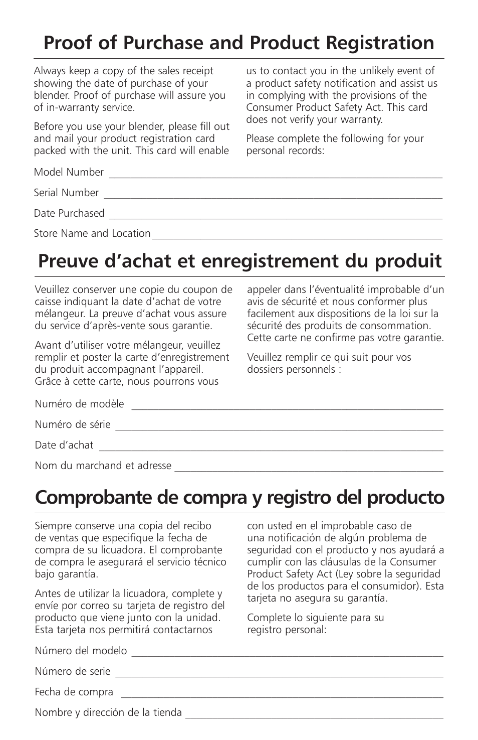 Proof of purchase and product registration, Preuve d’achat et enregistrement du produit, Comprobante de compra y registro del producto | KITCHENAID KSB465 User Manual | Page 2 / 44