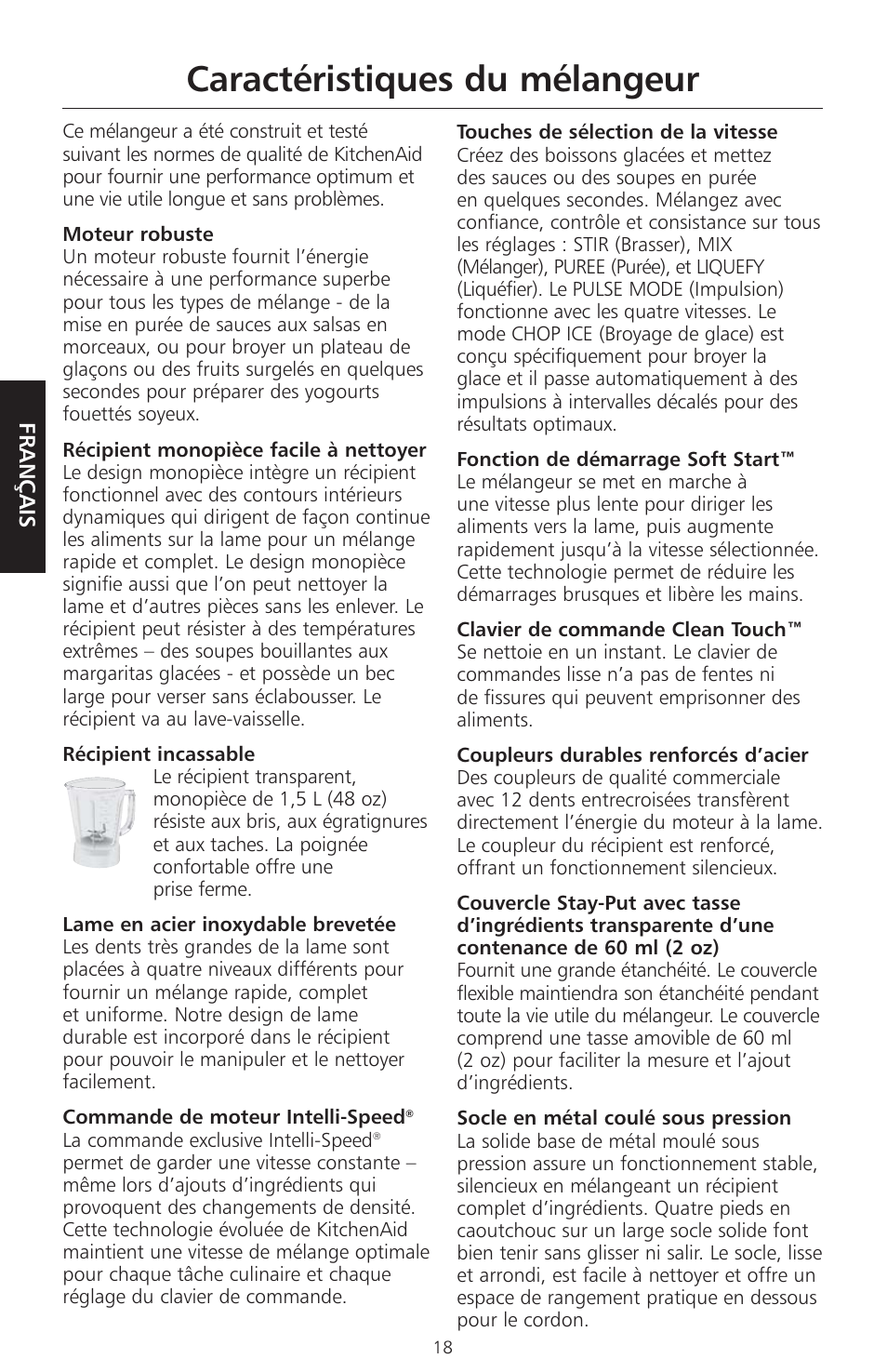 Caractéristiques du mélangeur | KITCHENAID KSB465 User Manual | Page 21 / 44