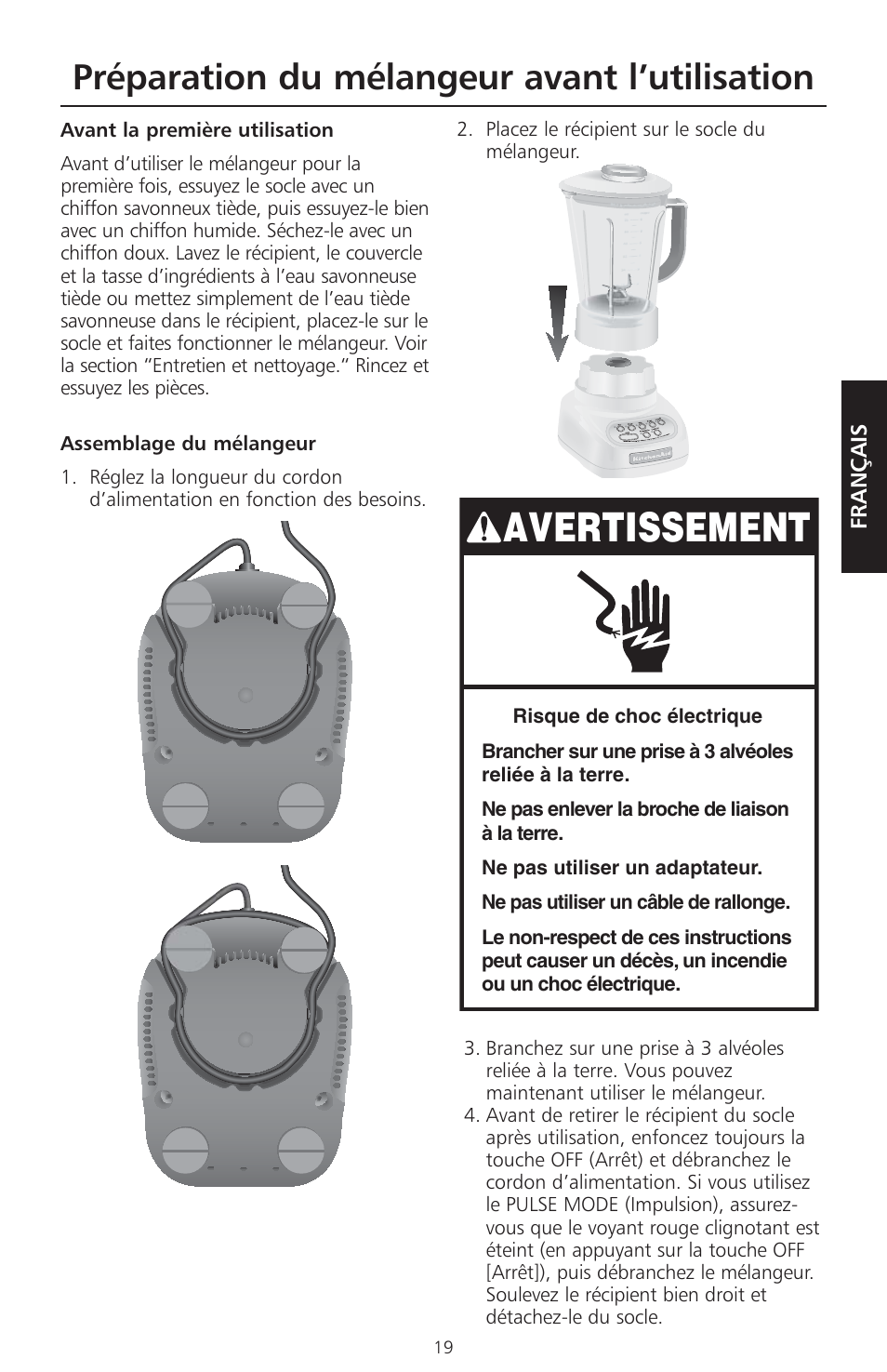 Avertissement, Préparation du mélangeur avant l’utilisation | KITCHENAID KSB465 User Manual | Page 22 / 44