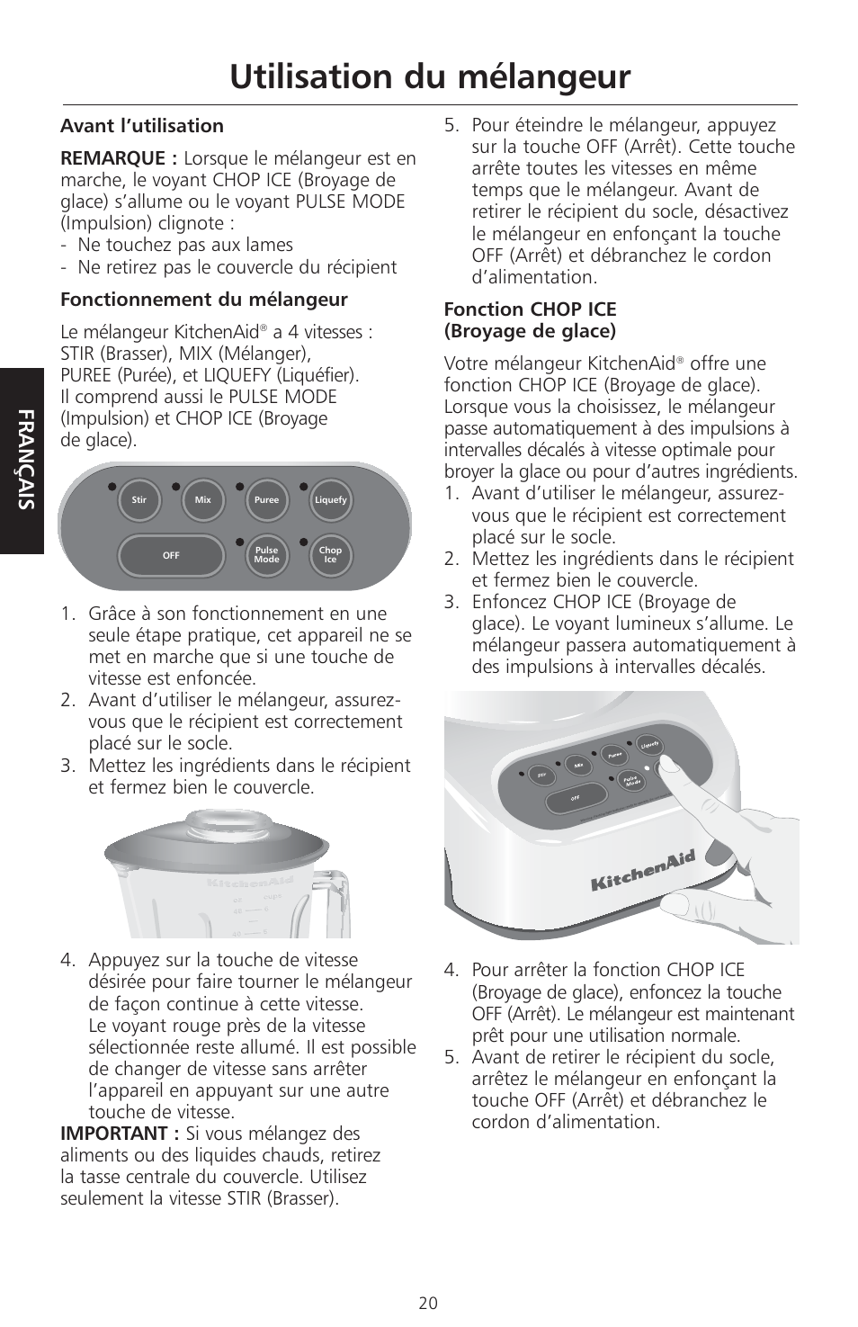 Utilisation du mélangeur, Français | KITCHENAID KSB465 User Manual | Page 23 / 44