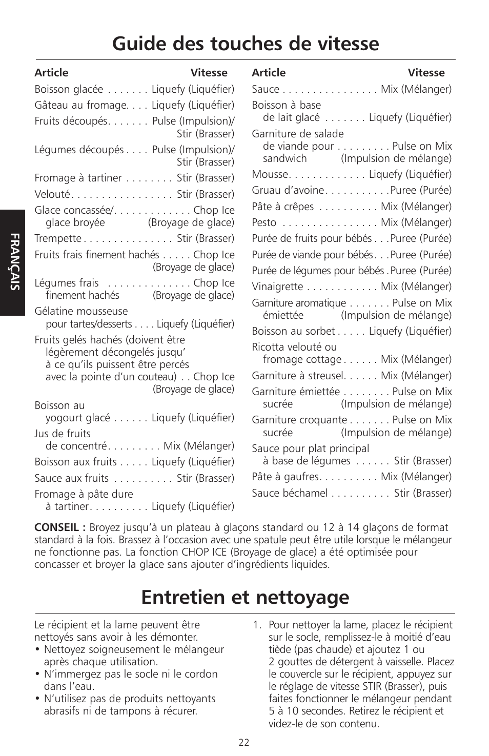 Guide des touches de vitesse, Entretien et nettoyage | KITCHENAID KSB465 User Manual | Page 25 / 44