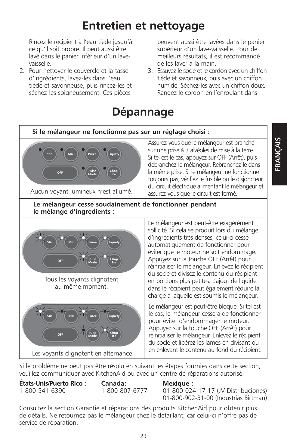 Entretien et nettoyage, Dépannage, Français | KITCHENAID KSB465 User Manual | Page 26 / 44