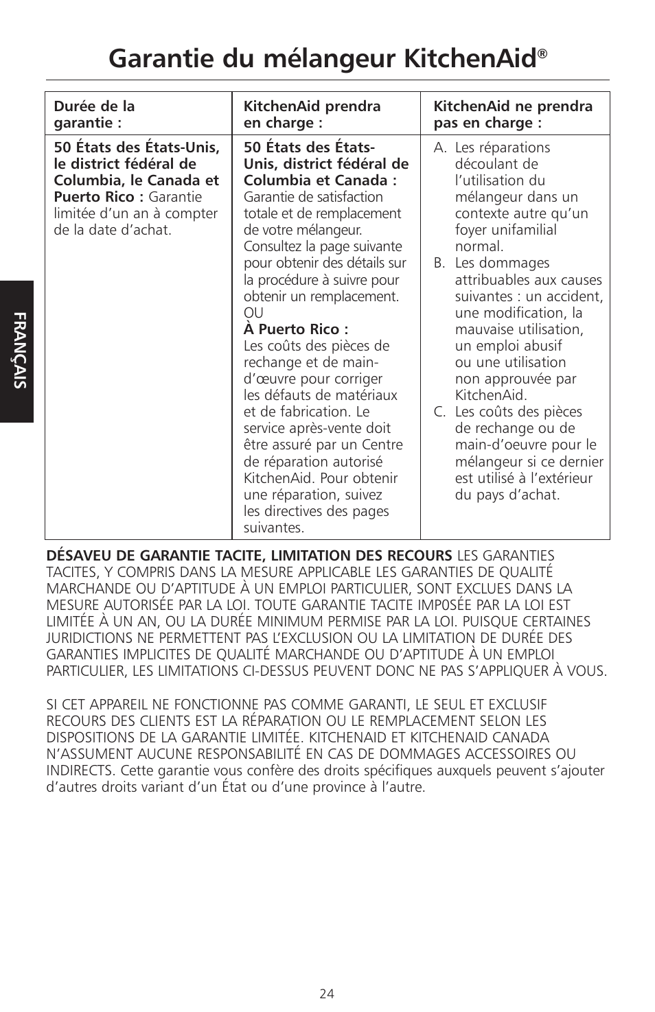 Garantie du mélangeur kitchenaid | KITCHENAID KSB465 User Manual | Page 27 / 44