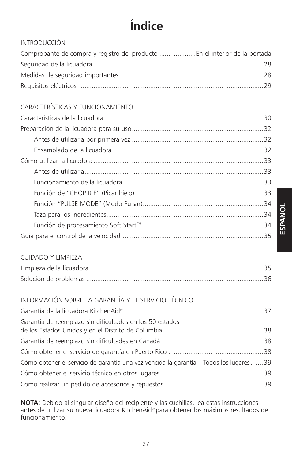 Índice | KITCHENAID KSB465 User Manual | Page 30 / 44