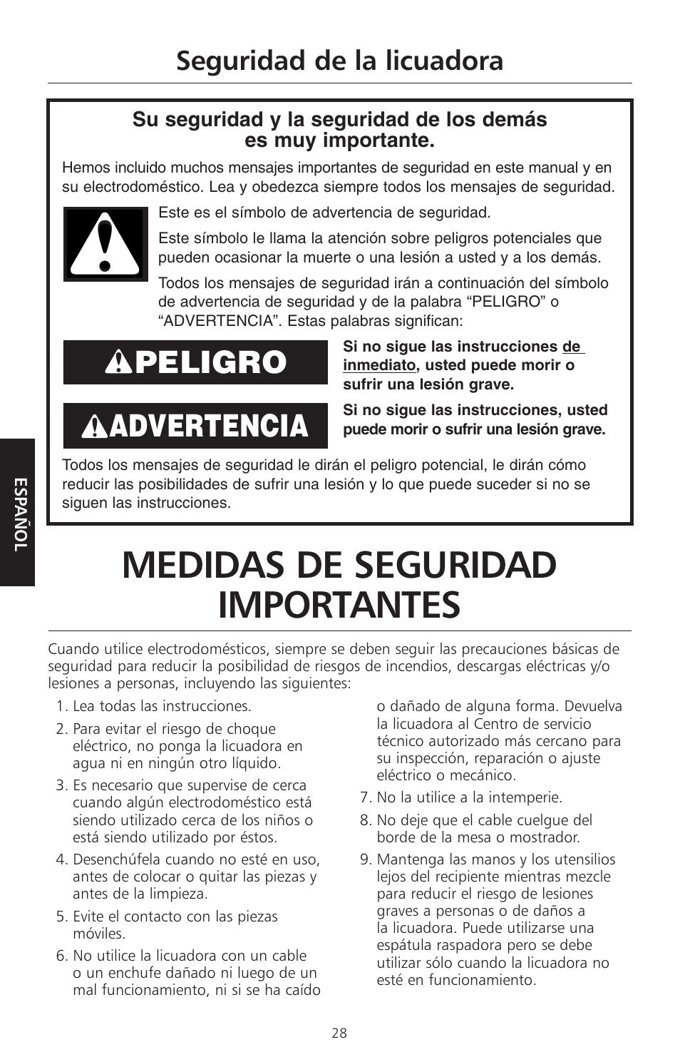 Medidas de seguridad importantes, Peligro advertencia, Seguridad de la licuadora | KITCHENAID KSB465 User Manual | Page 31 / 44